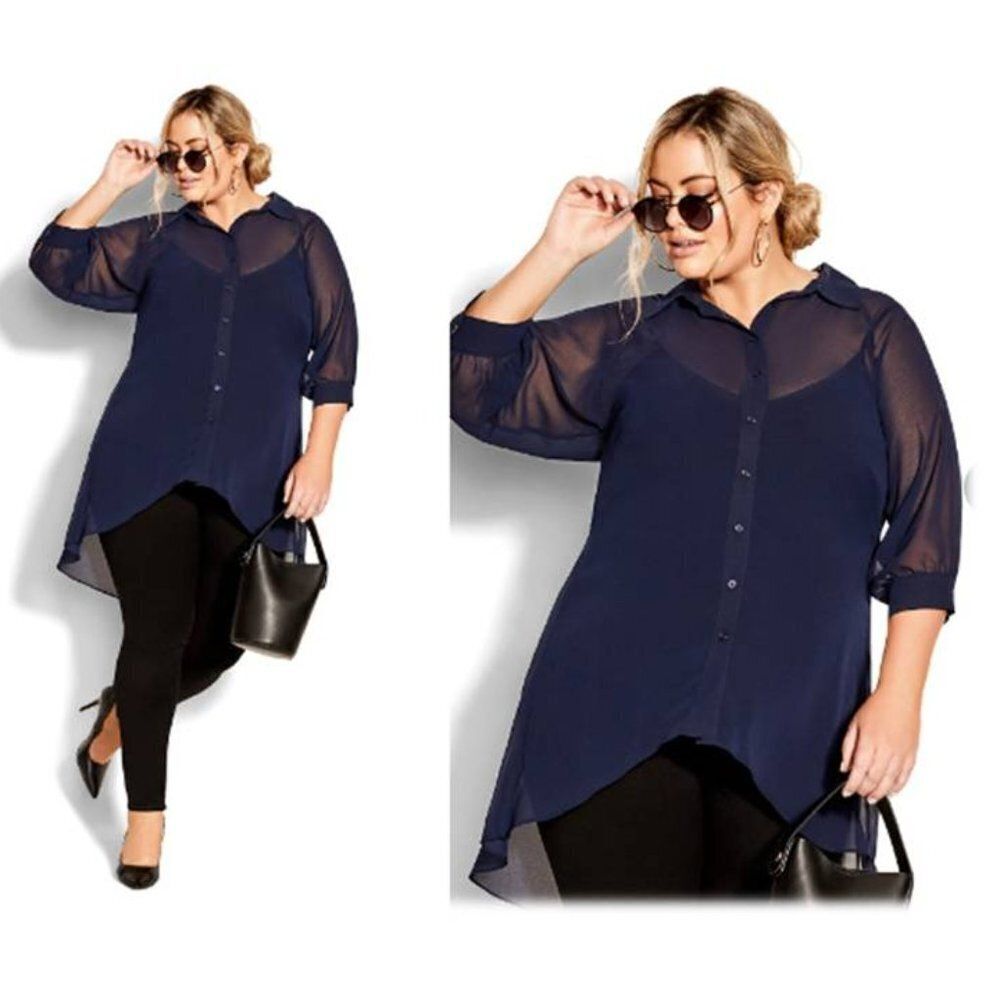 CITY CHIC Women's Cut-Out Back‎ Hi-lo Shirt Sheer Woven Button Front Party Navy